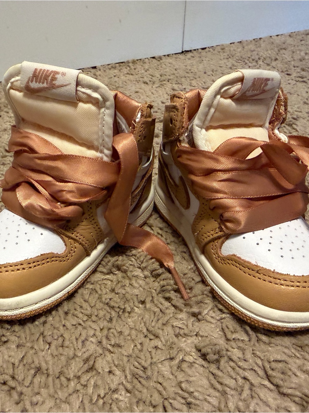 Jordan Baby High-Top Sneakers in White and Brown with Satin Copper Laces